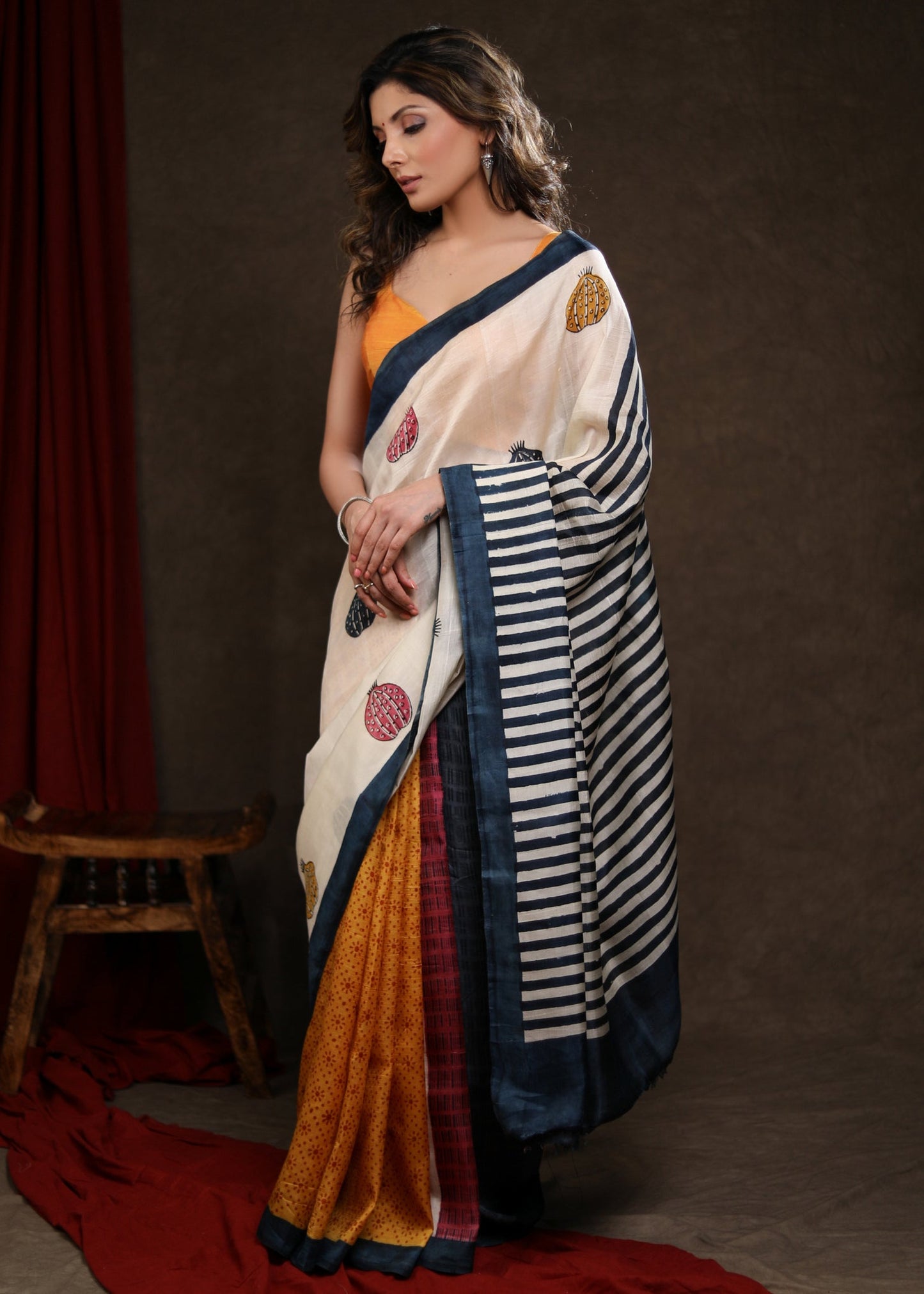 Bold Multicolor Block Print Pure Silk Saree