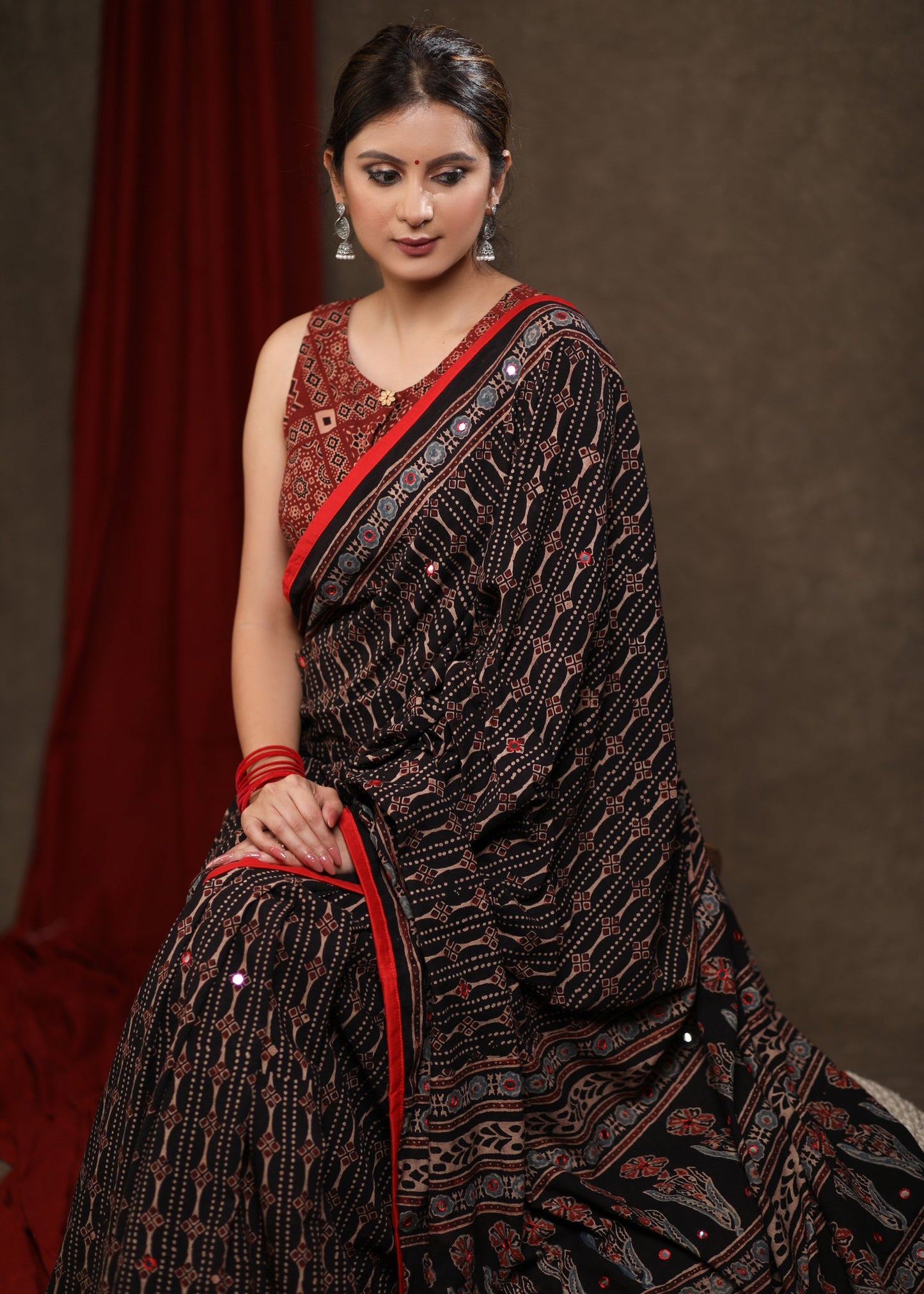 Beautiful Black Ajrakh Block Print Cotton Saree with Intricate Mirrorwork