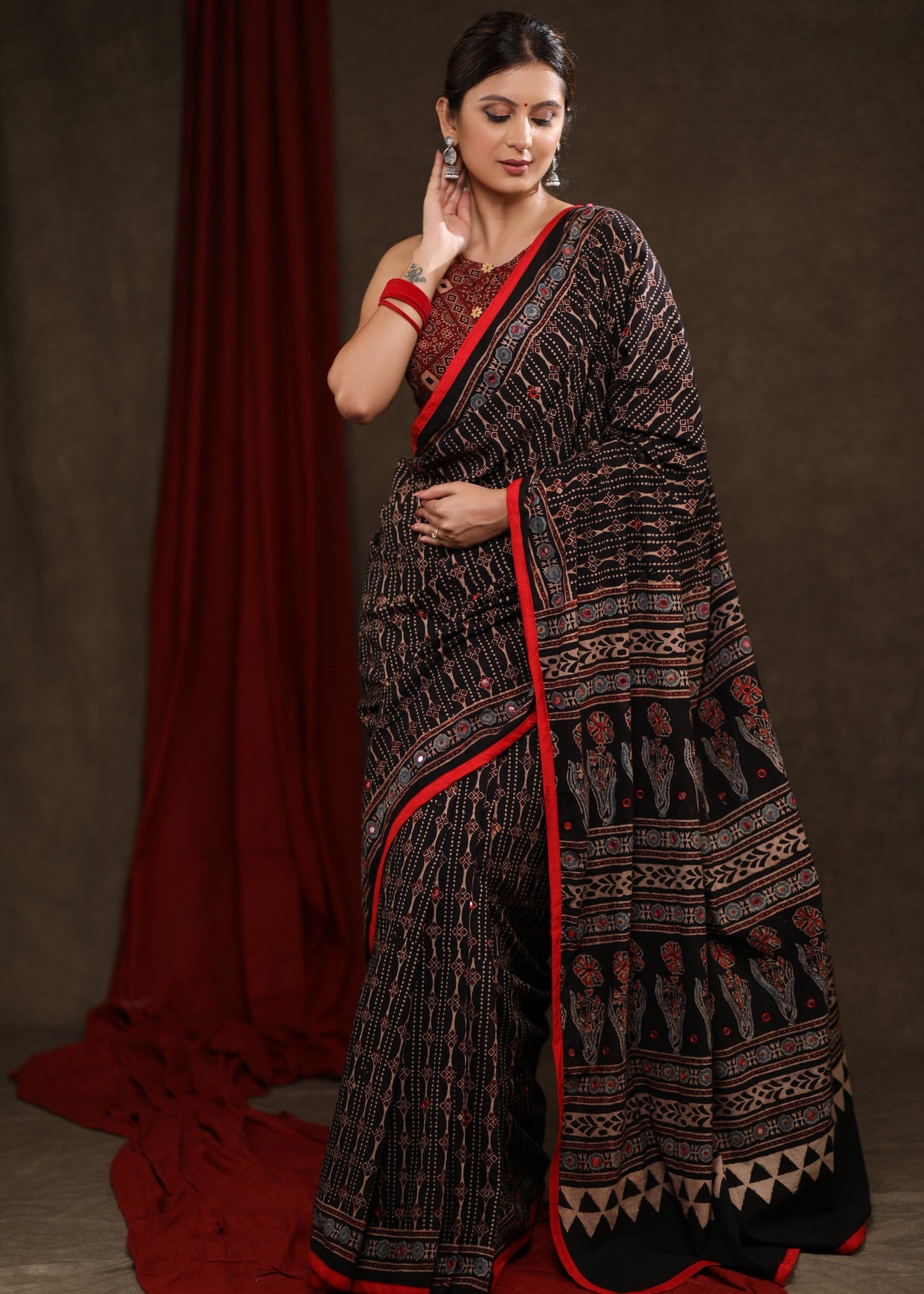 Beautiful Black Ajrakh Block Print Cotton Saree with Intricate Mirrorwork