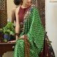 Gorgeous green Gajji Silk Bandhej saree with Kalamkari hand painted Pallu & line border