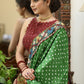 Gorgeous green Gajji Silk Bandhej saree with Kalamkari hand painted Pallu & line border