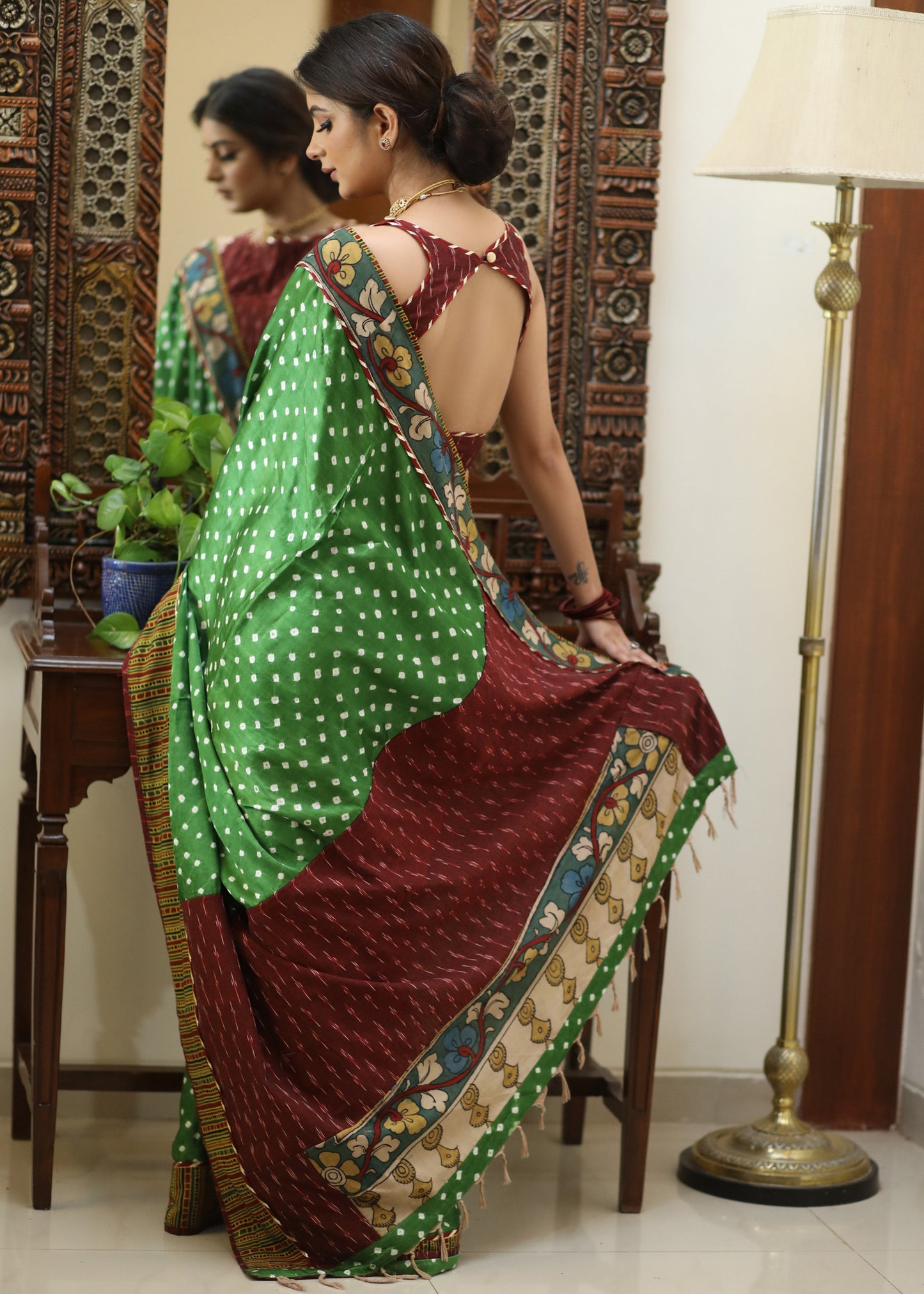 Gorgeous green Gajji Silk Bandhej saree with Kalamkari hand painted Pallu & line border