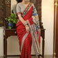 Exclusive red Bandhani saree with elegant hand painted Madhubani Pallu and mirror work border