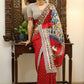 Exclusive red Bandhani saree with elegant hand painted Madhubani Pallu and mirror work border