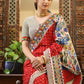 Exclusive red Bandhani saree with elegant hand painted Madhubani Pallu and mirror work border