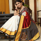 Smart white Chanderi saree with exclusive Kalamkari hand painted border and maroon Pallu with mirror work