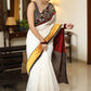 Smart white Chanderi saree with exclusive Kalamkari hand painted border and maroon Pallu with mirror work