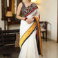 Smart white Chanderi saree with exclusive Kalamkari hand painted border and maroon Pallu with mirror work