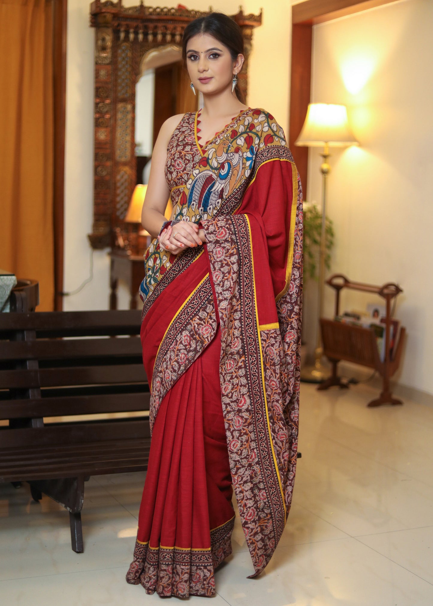 Exclusive maroon Cotton saree with Madhubani painting border and kalamkari print Pallu