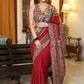 Exclusive maroon Cotton saree with Madhubani painting border and kalamkari print Pallu