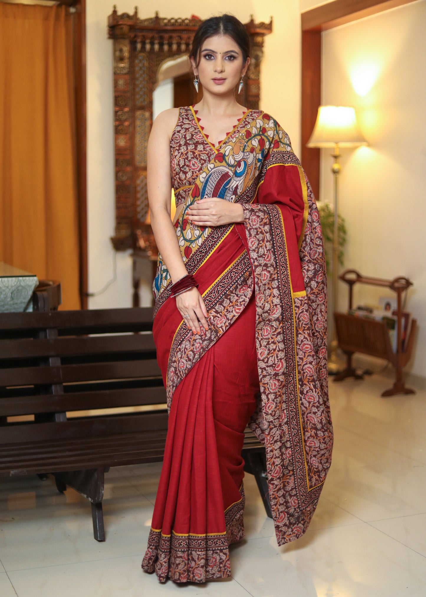 Exclusive maroon Cotton saree with Madhubani painting border and kalamkari print Pallu