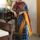 Lustrous blue printed saree graceful Madhubani painted Pallu with maroon and mustard border