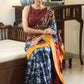 Lustrous blue printed saree graceful Madhubani painted Pallu with maroon and mustard border