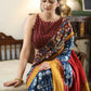 Lustrous blue printed saree graceful Madhubani painted Pallu with maroon and mustard border