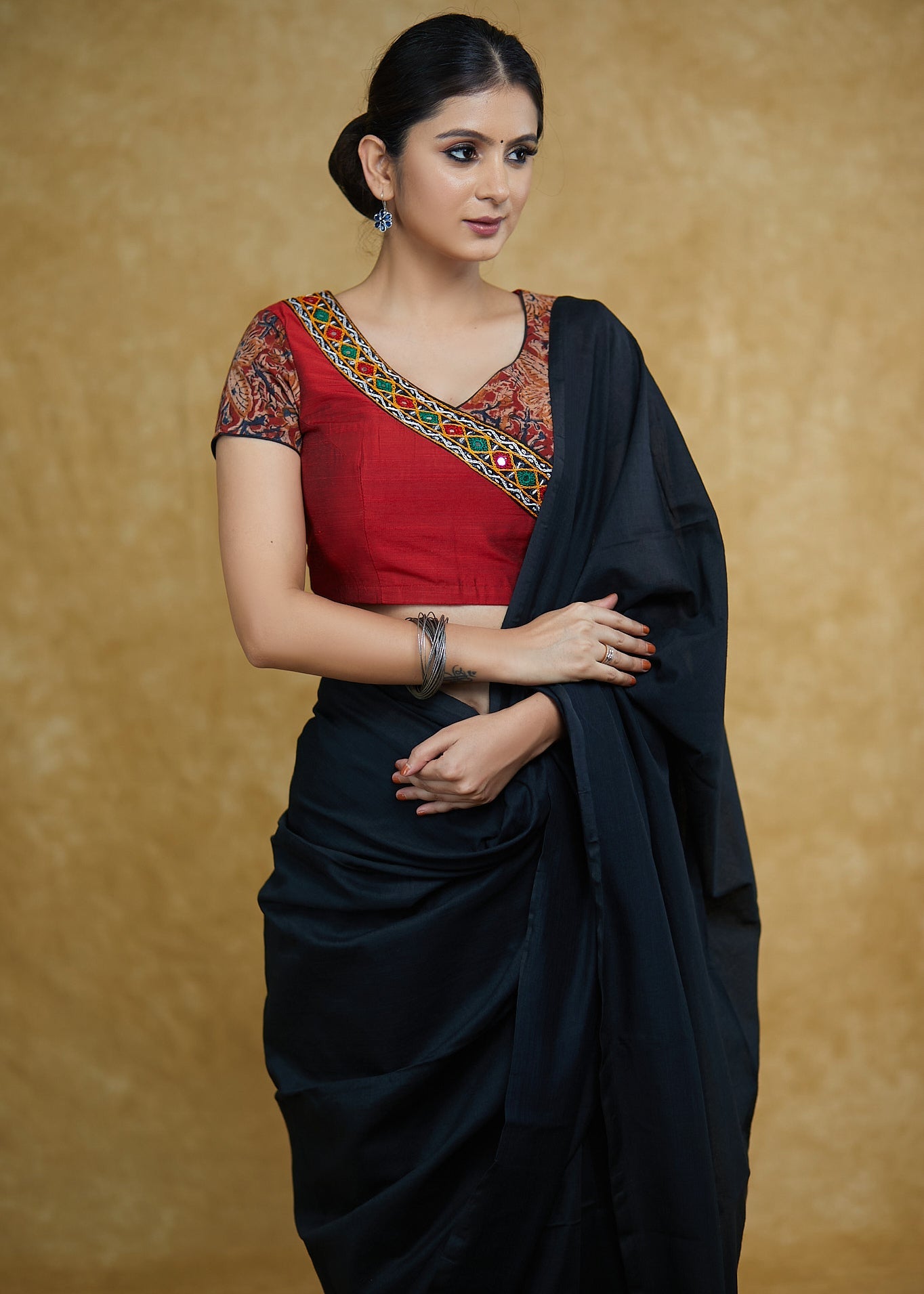 Stylish Maroon Angarkha  Cotton silk & Kalamkari Print Combination Blouse with Mirrorwork Detailing