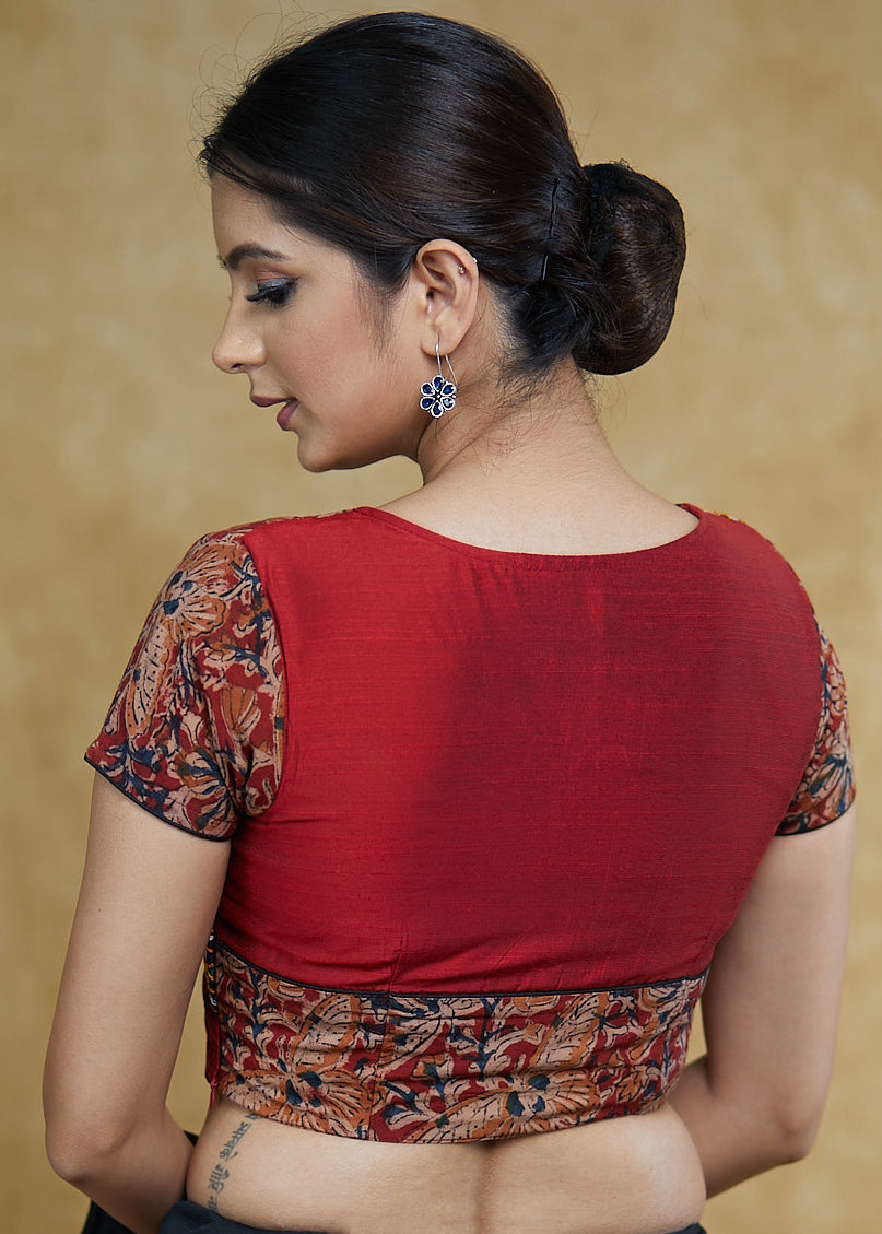 Stylish Maroon Angarkha  Cotton silk & Kalamkari Print Combination Blouse with Mirrorwork Detailing