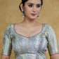 Elegant Grey Banarasi Elbow Length Sleeves Blouse with Pink Piping