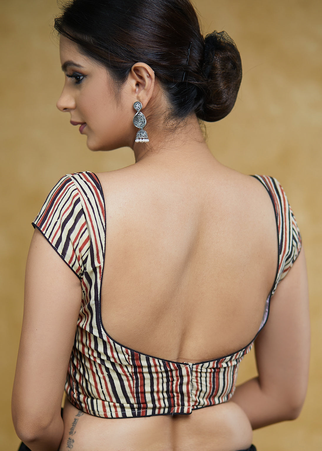 Elegant Brown Strip Blouse with Cap sleeves and Black Detailing with Beautiful Back