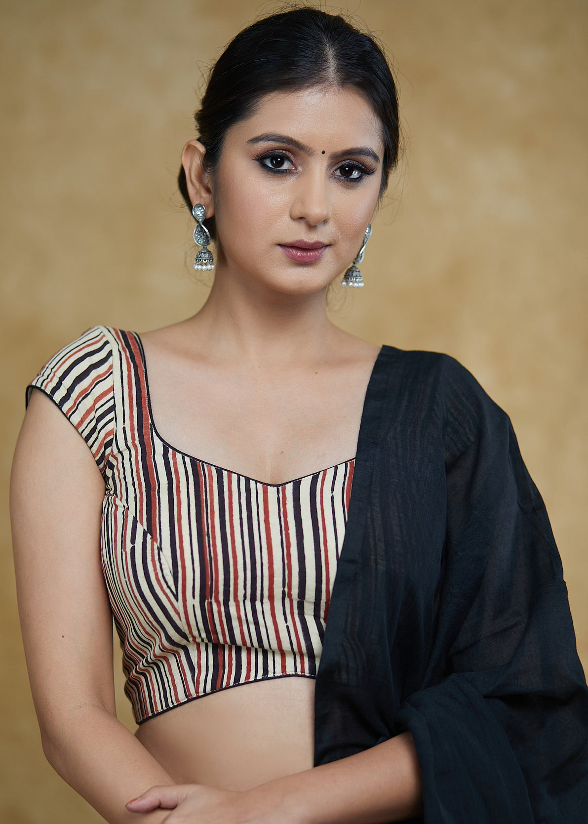 Elegant Brown Strip Blouse with Cap sleeves and Black Detailing with Beautiful Back