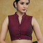 Graceful Maroon Mandarin Collar Sleeveless Blouse with Kalamkari Buttons and Kalamkari Back