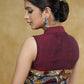 Graceful Maroon Mandarin Collar Sleeveless Blouse with Kalamkari Buttons and Kalamkari Back