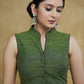 Smart Moss-Green Mandarin Collar Sleeveless Blouse with Kalamkari Buttons & Kalamkari Back