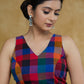 Trendy Checks Handloom Cotton Sleeveless Blouse with Silver Lace Detailing