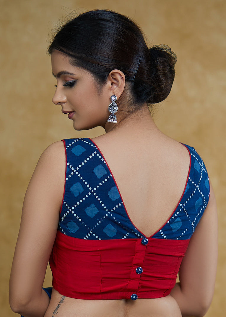 Trendy Blue Indigo Cotton and Maroon Cotton Silk Combination Sleeveless Blouse