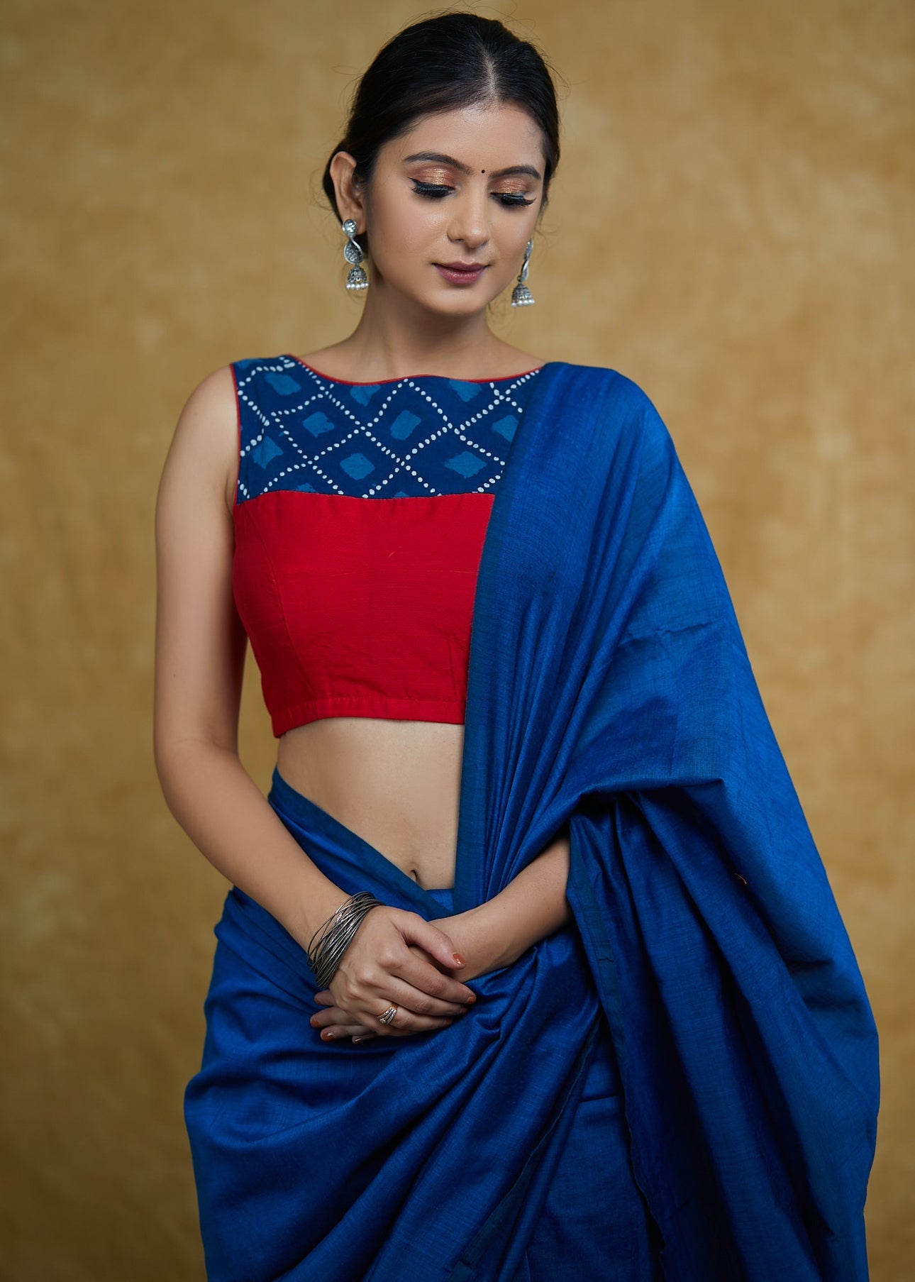 Trendy Blue Indigo Cotton and Maroon Cotton Silk Combination Sleeveless Blouse