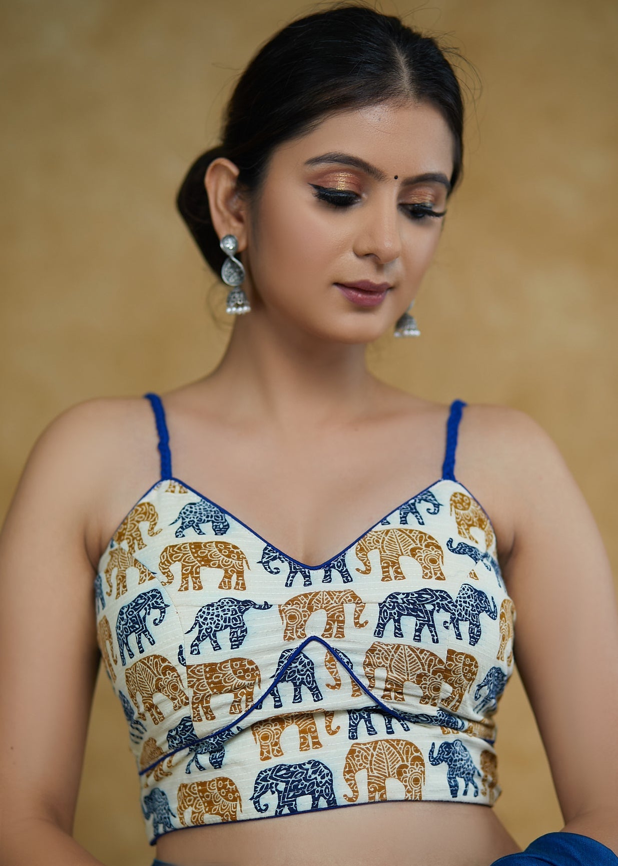 Elegant Elephant Print Cotton Blouse with Blue Noddle Strap