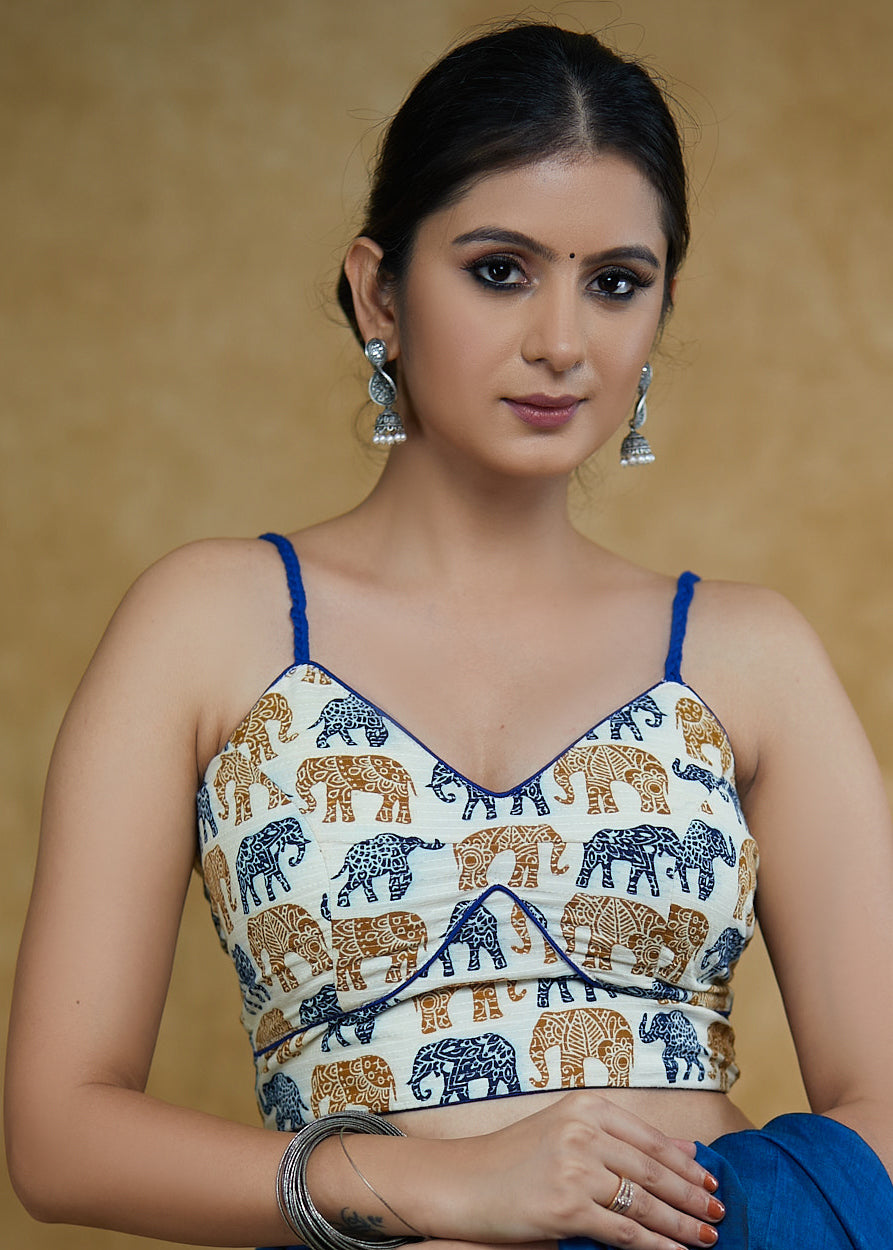 Elegant Elephant Print Cotton Blouse with Blue Noddle Strap