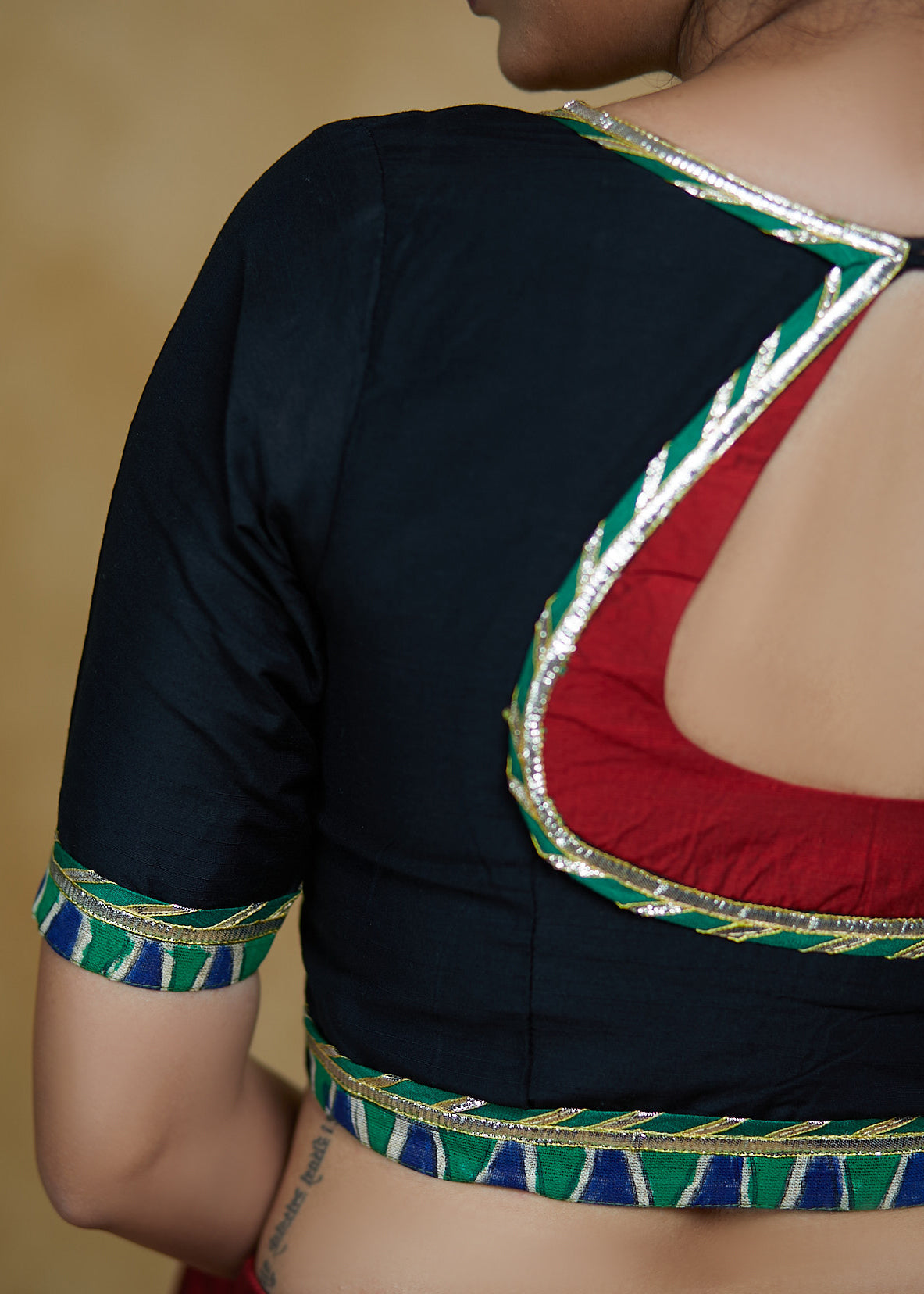 Black Cotton Silk Blouse with Green Gota Patti Lace, Madhubani Border and Smart Back