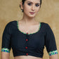 Black Cotton Silk Blouse with Green Gota Patti Lace, Madhubani Border and Smart Back