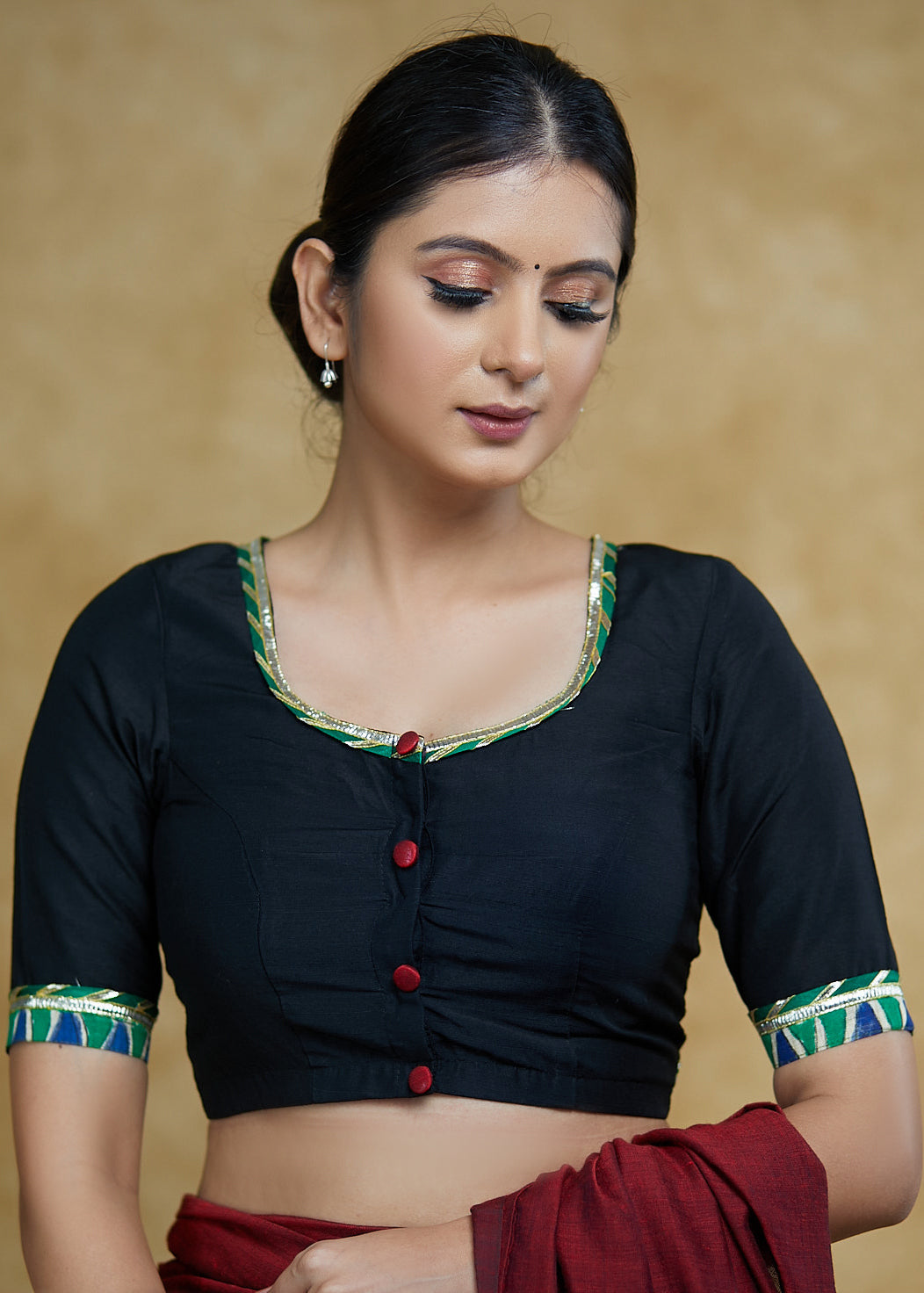 Black Cotton Silk Blouse with Green Gota Patti Lace, Madhubani Border and Smart Back