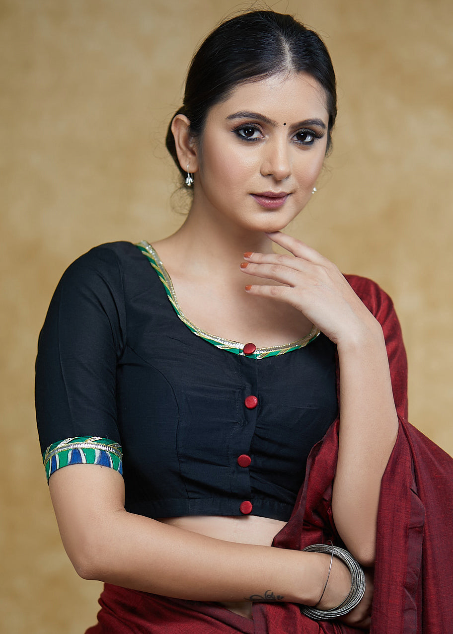 Black Cotton Silk Blouse with Green Gota Patti Lace, Madhubani Border and Smart Back