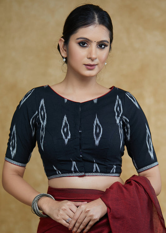 Elegant Black Cotton Ikaat Blouse with Elbow Length Sleeves &Maroon Detailing at the Back