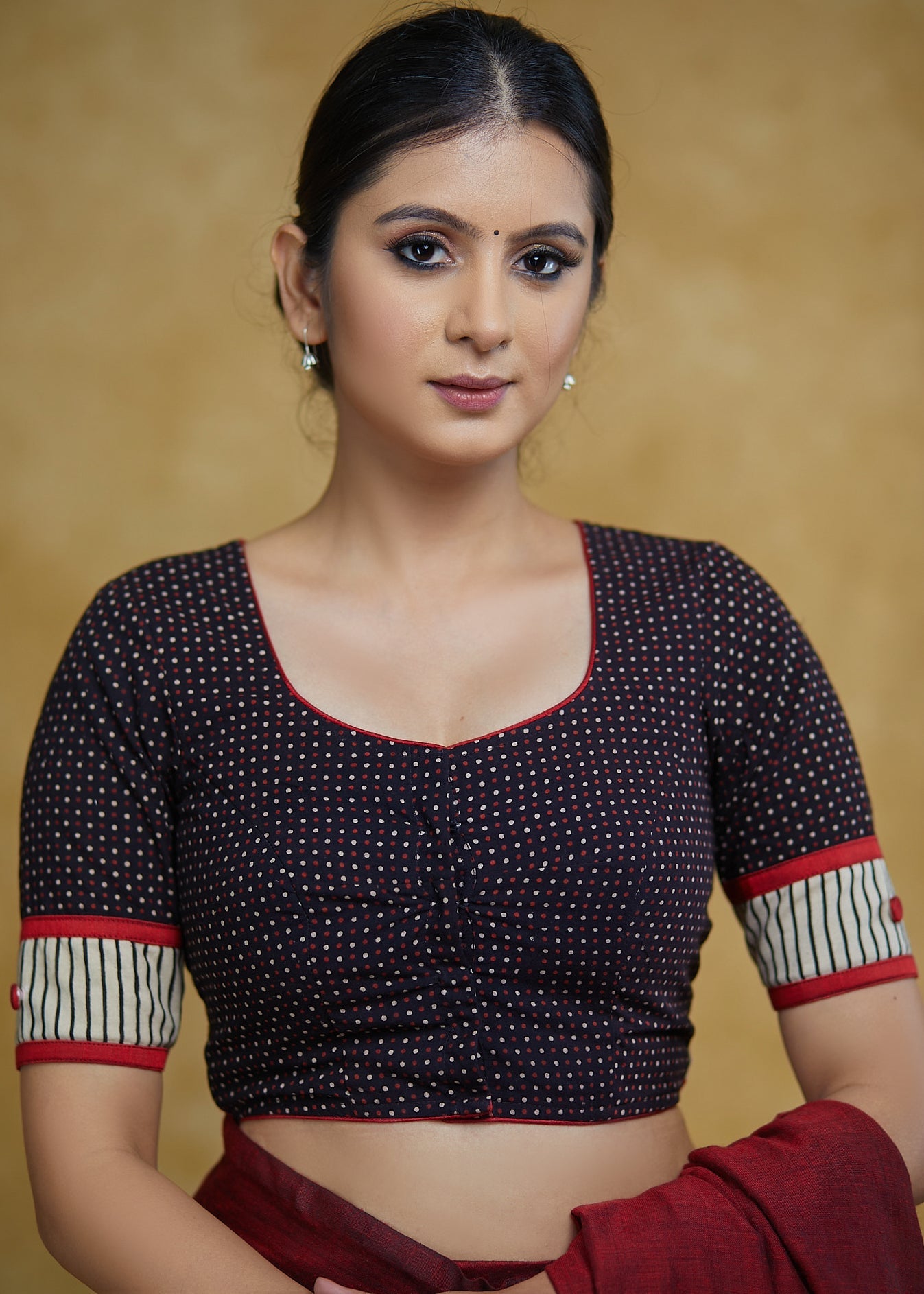 Elegant Black Polka Dot Cotton Blouse with Cream Striped Border & Red Detailing