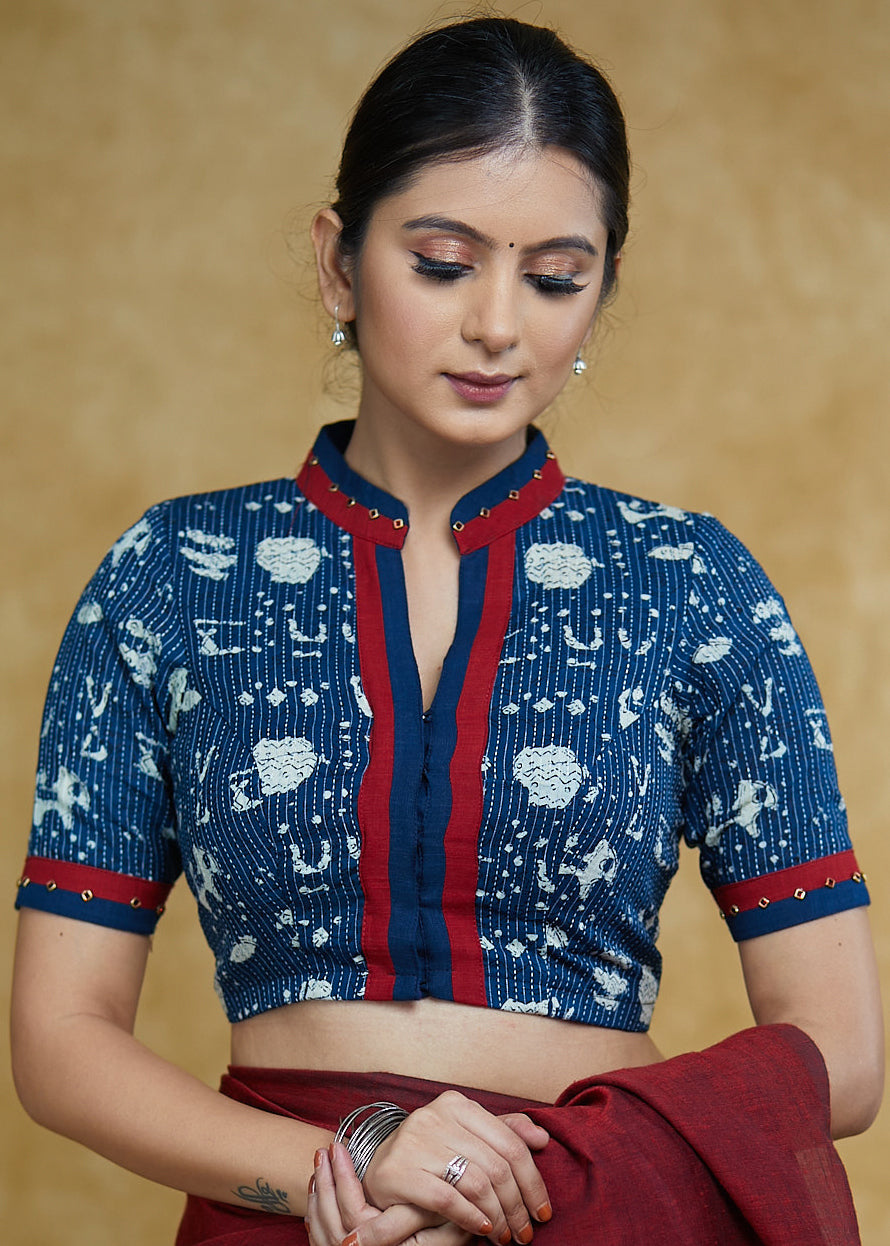 Smart Kantha Indigo Print Blouse with Maroon Detailing