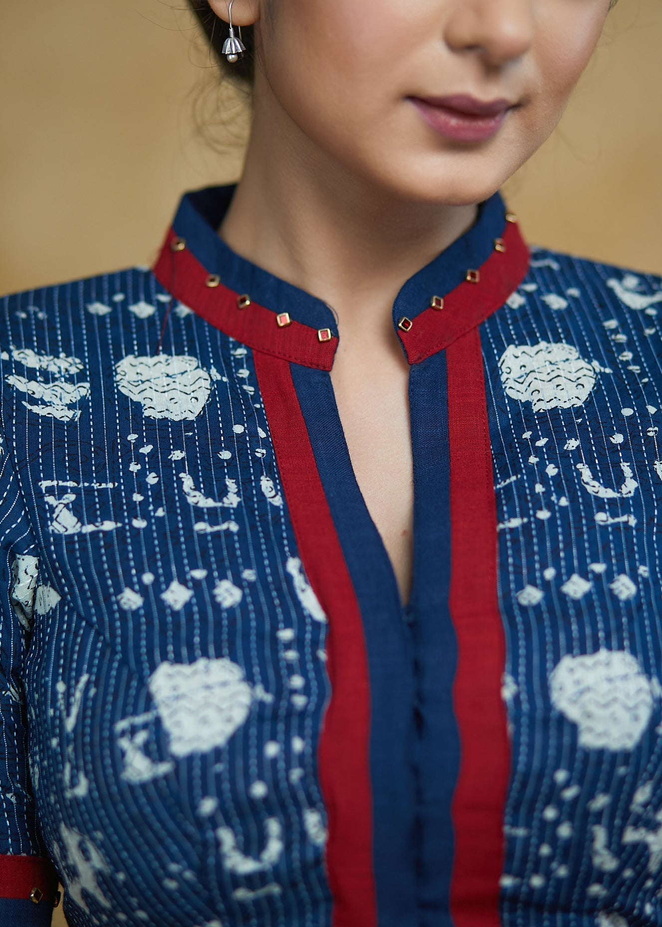 Smart Kantha Indigo Print Blouse with Maroon Detailing