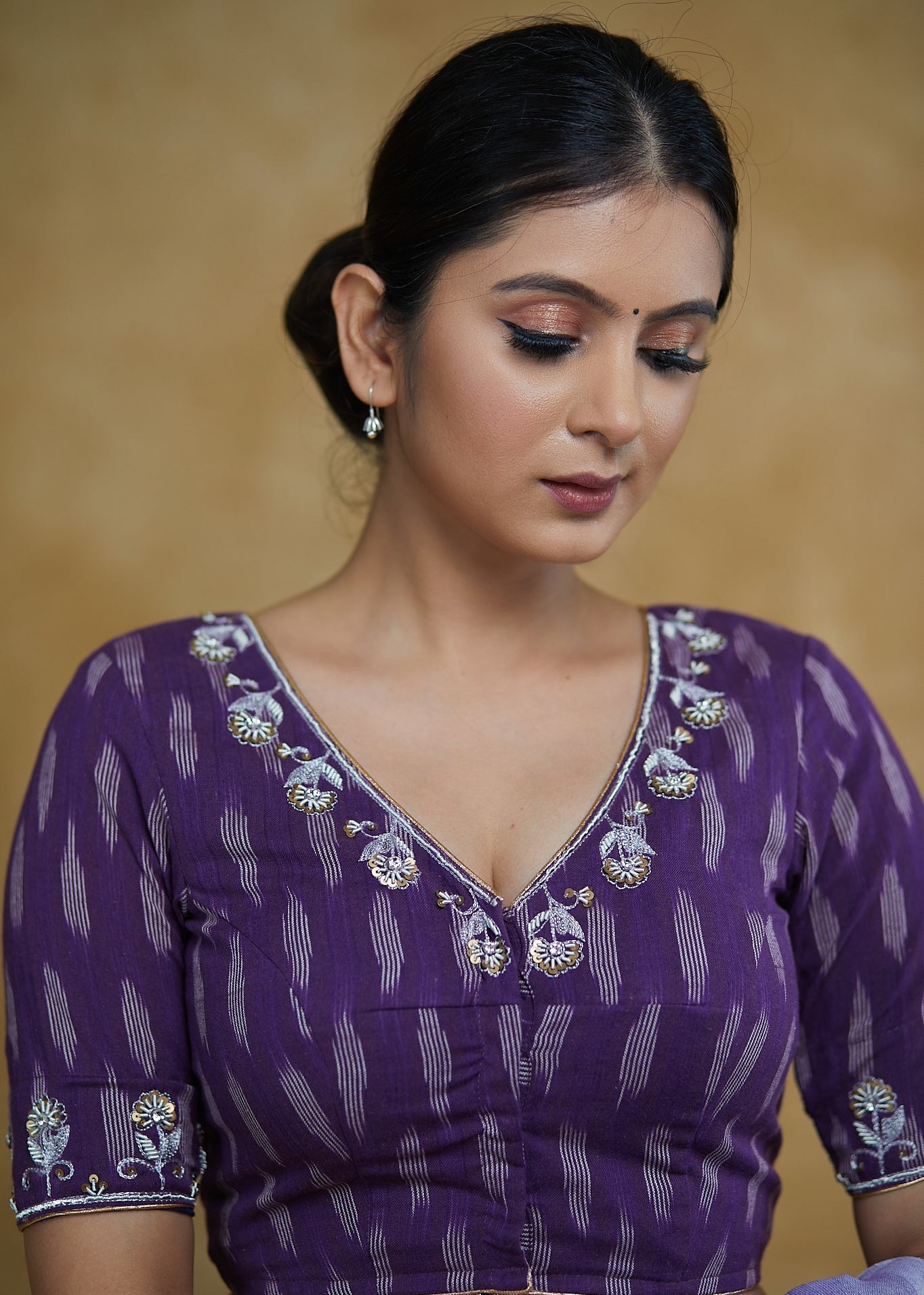 Standout Purple Cotton Ikaat Blouse with Elegant Handwork and Golden piping