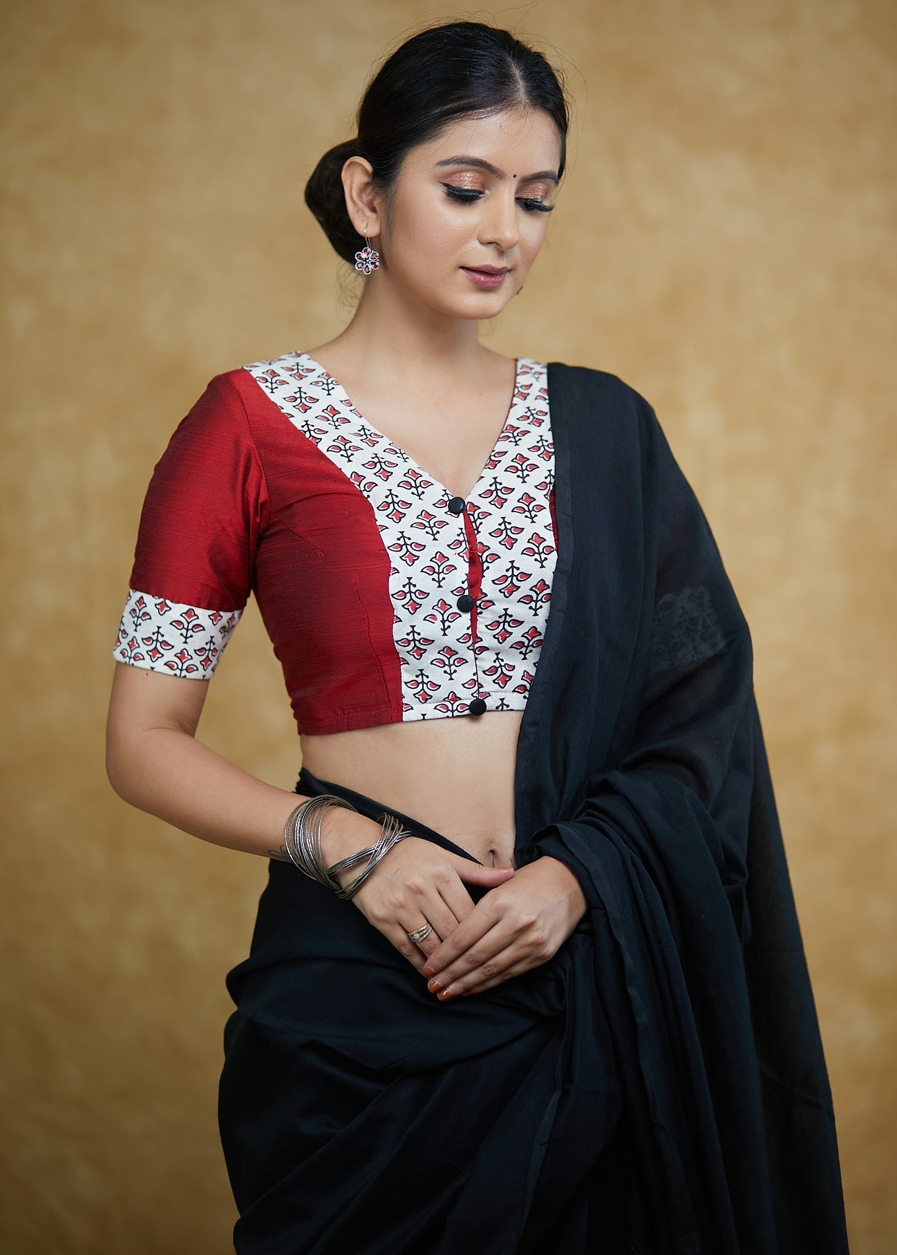 Exclusive Maroon Cotton Silk Blouse with Cream Floral Ajrakh Combination and Black Buttons