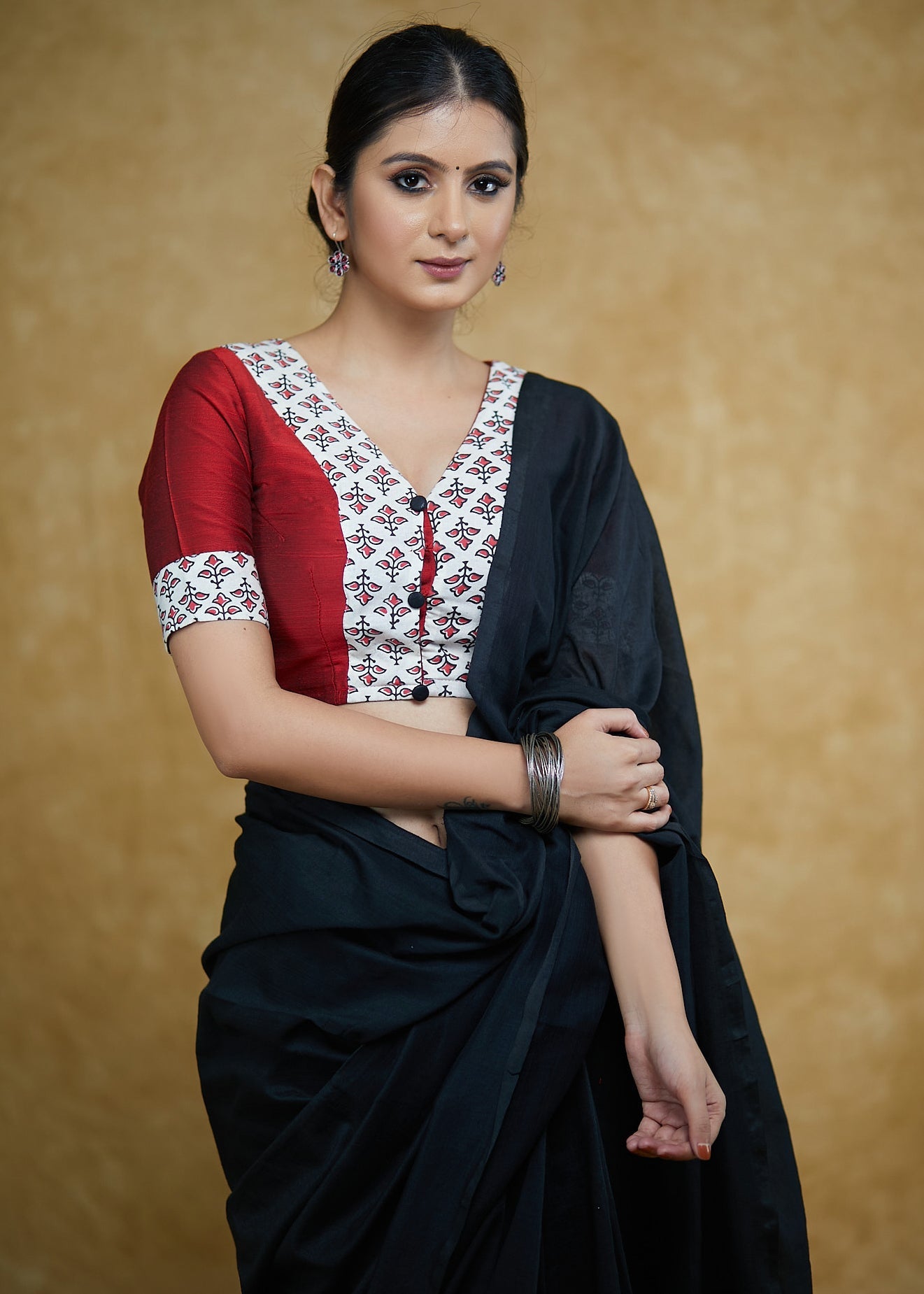 Exclusive Maroon Cotton Silk Blouse with Cream Floral Ajrakh Combination and Black Buttons