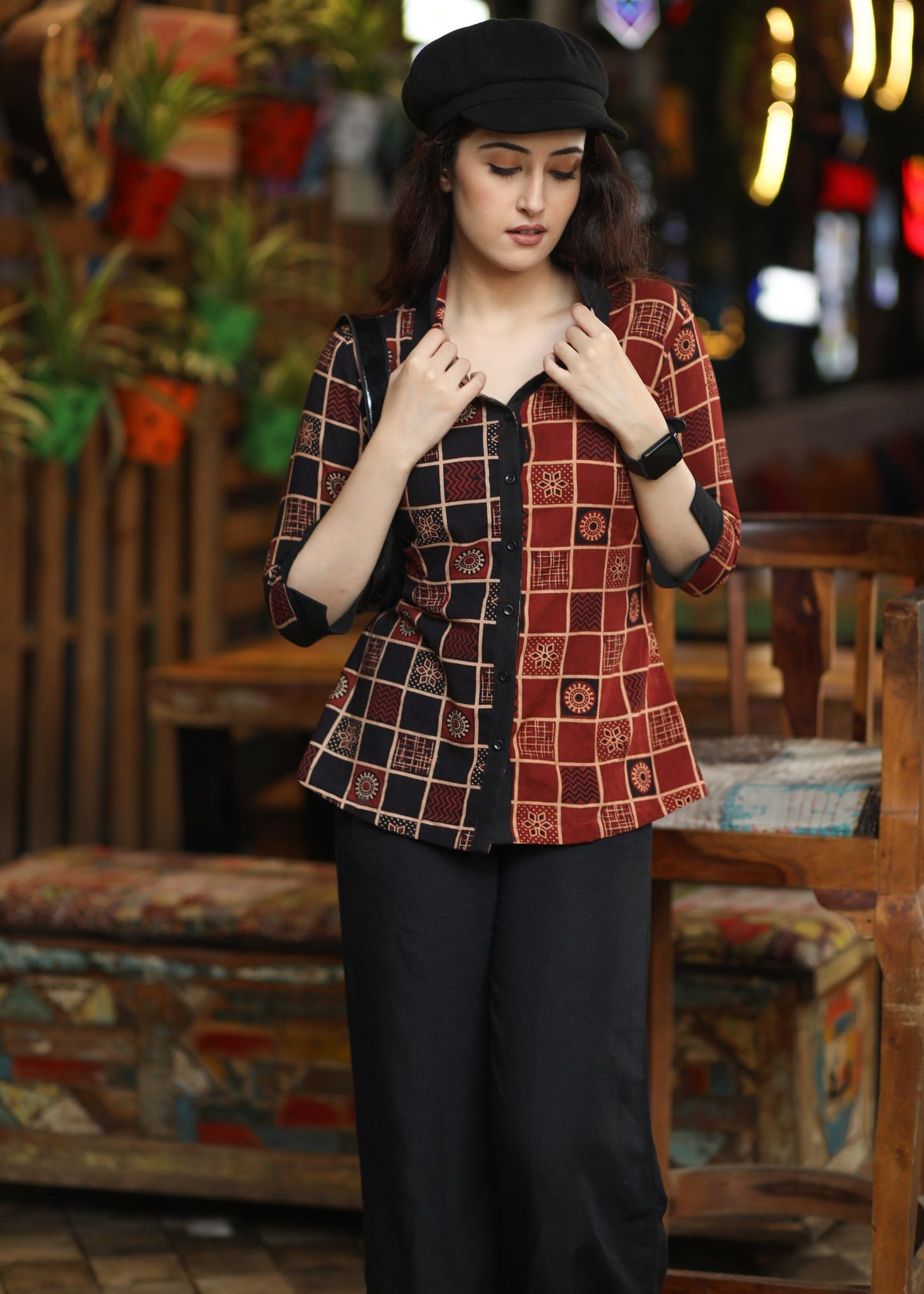 Smart Black & Maroon Combination Cotton Ajrakh Shirt