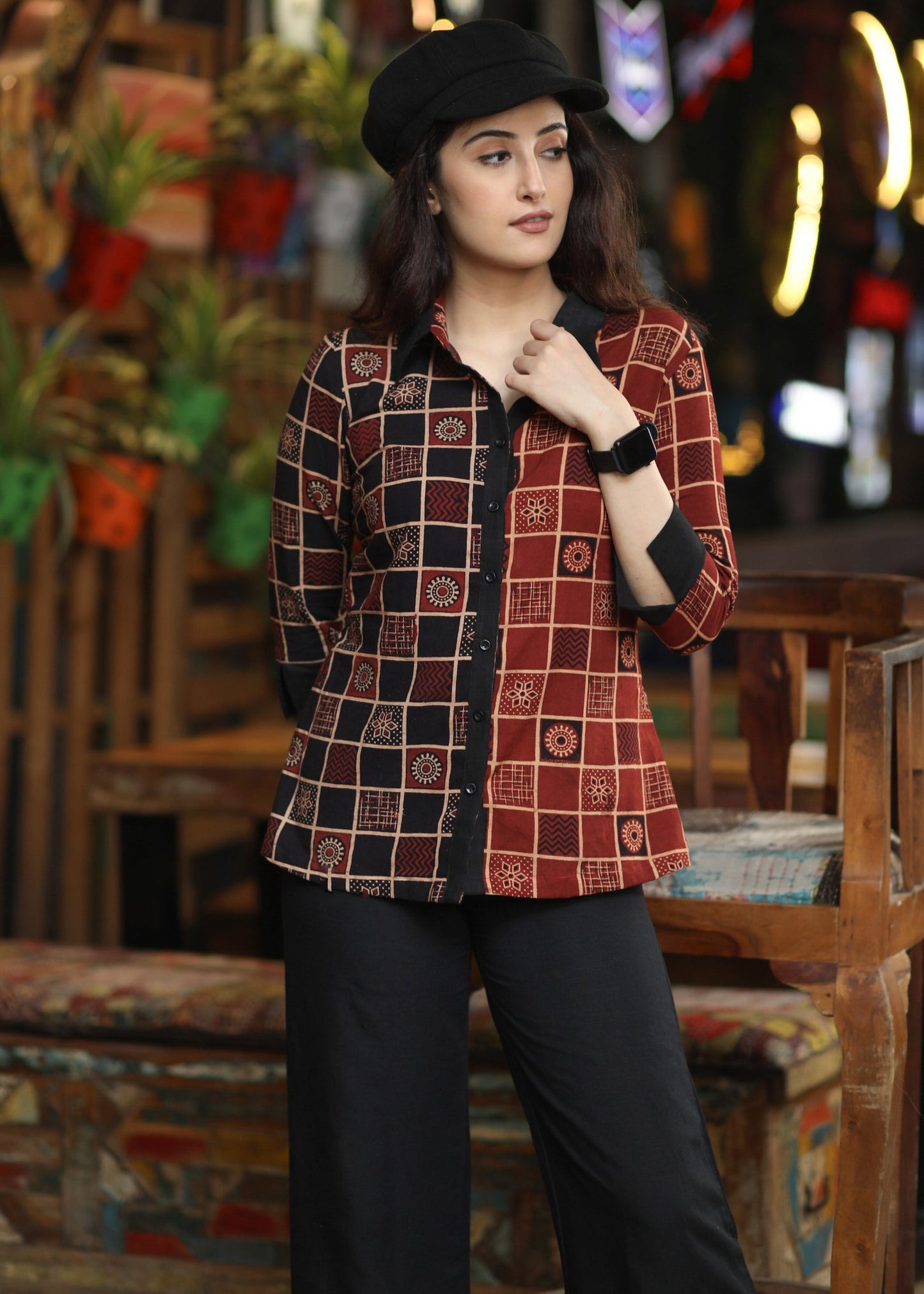 Smart Black & Maroon Combination Cotton Ajrakh Shirt