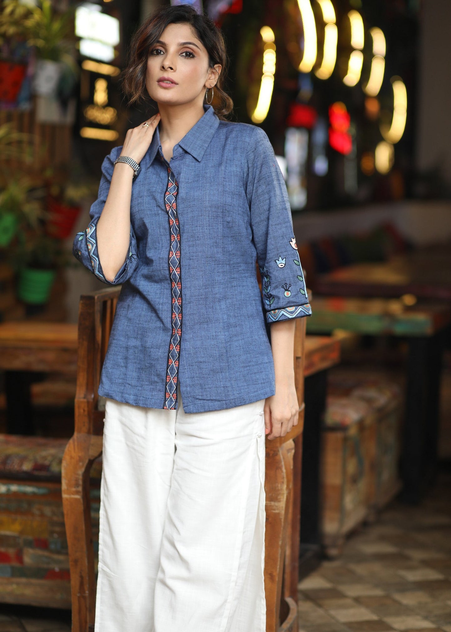 Elegant Ink Blue Cotton Shirt with Abstract Floral Embroidery on Sleeves & Back