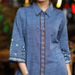 Elegant Ink Blue Cotton Shirt with Abstract Floral Embroidery on Sleeves & Back