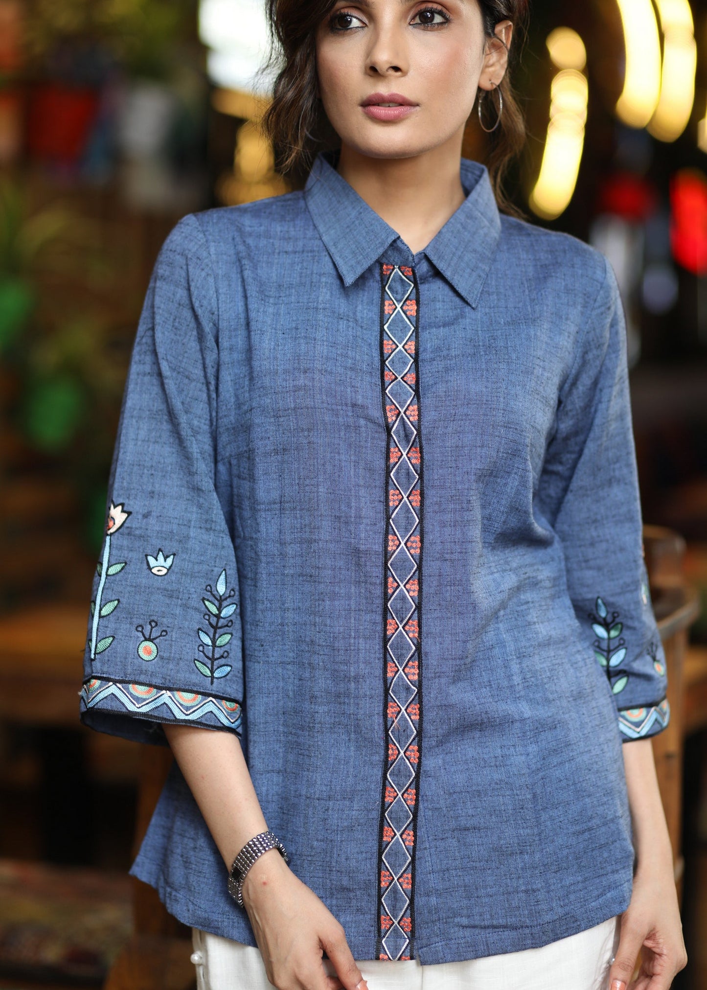 Elegant Ink Blue Cotton Shirt with Abstract Floral Embroidery on Sleeves & Back