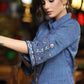 Elegant Ink Blue Cotton Shirt with Abstract Floral Embroidery on Sleeves & Back