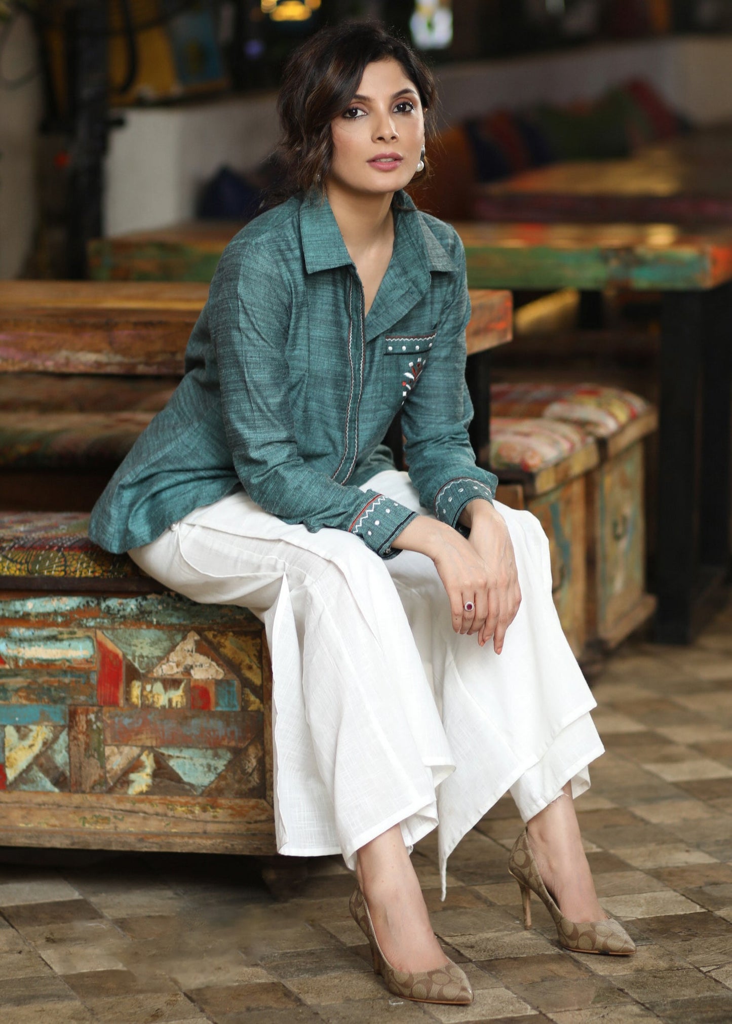 Trendy Cotton Textured Turquoise Casual Shirt with Elegant Embroidery on Pocket & Sleeves