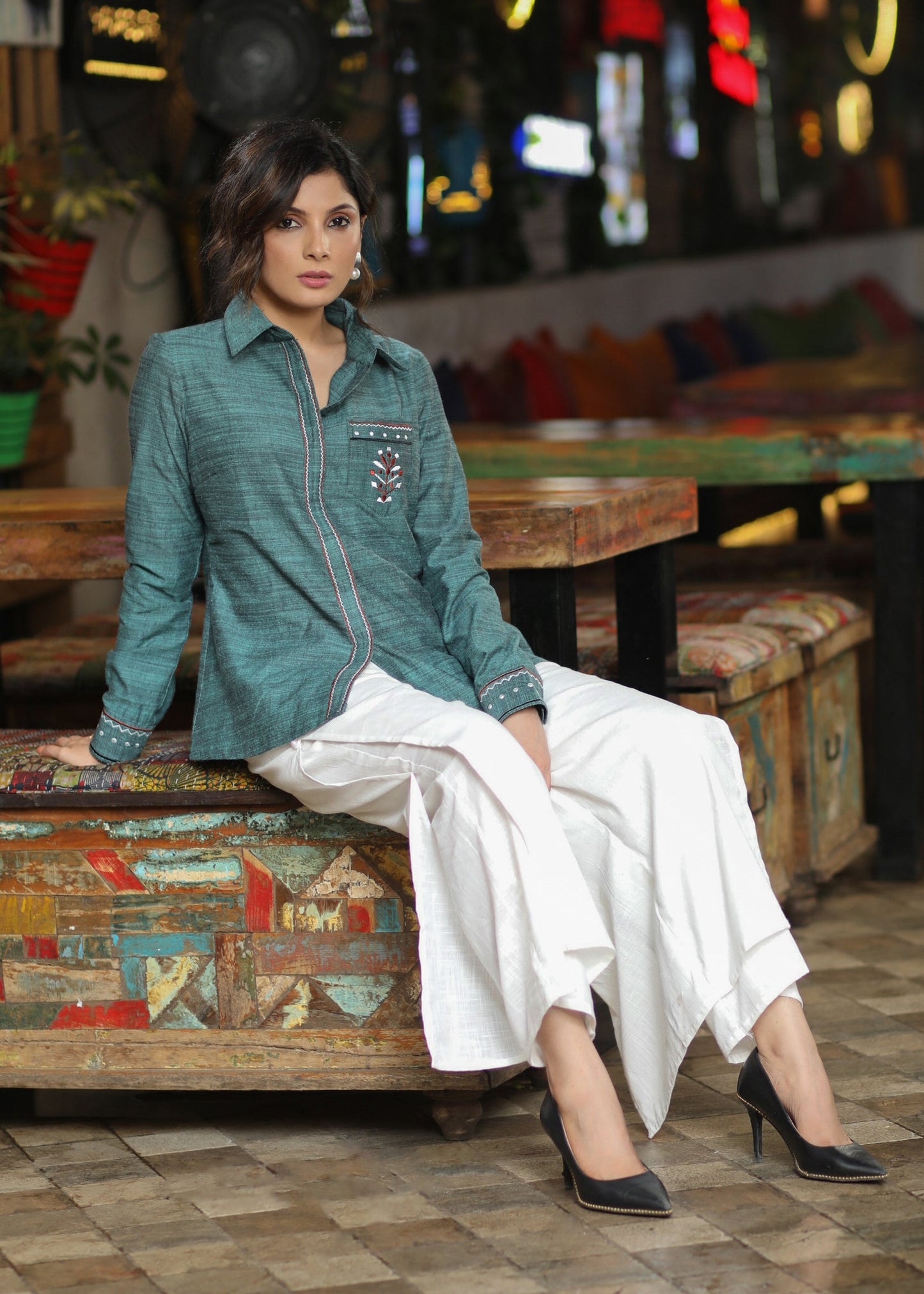 Trendy Cotton Textured Turquoise Casual Shirt with Elegant Embroidery on Pocket & Sleeves